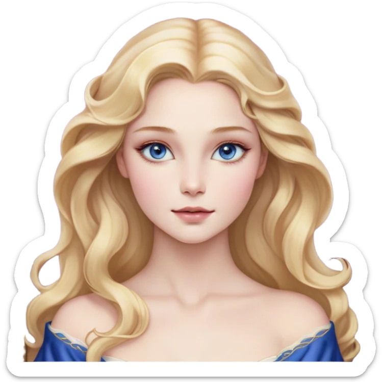 Cinematic Realistic Sleeping Beauty (Aurora) Portrait, with porcelain-like skin featuring a natural rosy flush, illuminated by soft lighting that highlights the gentle contours of her face. Her golden blonde hair flows in soft, detailed waves with subtle highlights that shimmer in the light. Her deep violet-blue eyes radiate warmth and innocence, framed by arched brows and long lashes. With a soft, serene smile, she holds a delicate rose gently in one hand, her other hand resting lightly by her side. She is dressed in her classic pink gown, the fabric rich in texture with delicate folds that catch the light. A golden crown rests atop her head, gleaming with royal refinement. The portrait captures a soft, glowing aura, blending realism with an ethereal sense of beauty and timeless enchantment. sticker