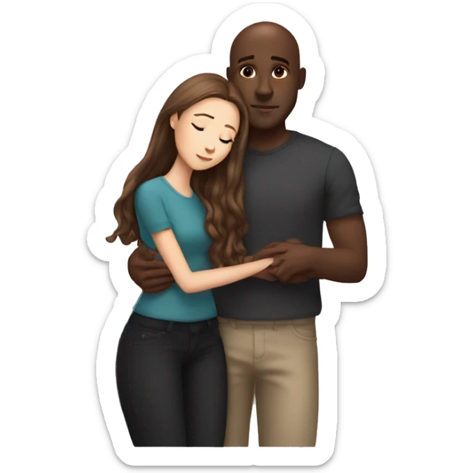 Beautiful Girl with long brown hair and boy with brown hair cuddling, Bald black man  sticker
