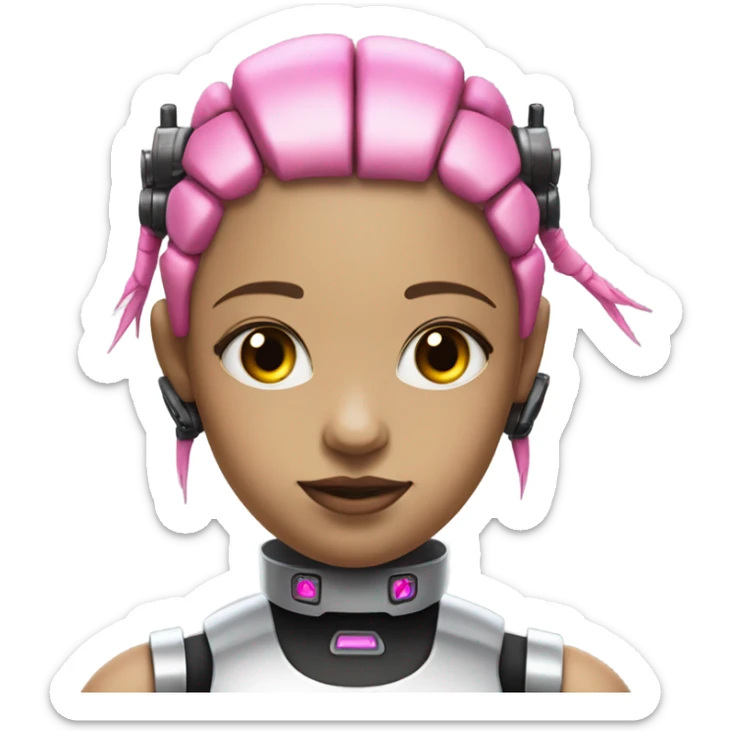 cyborg girl, pink hair, robot body, gynoid, twintails, cyberpunk, black collar, hair not braided sticker