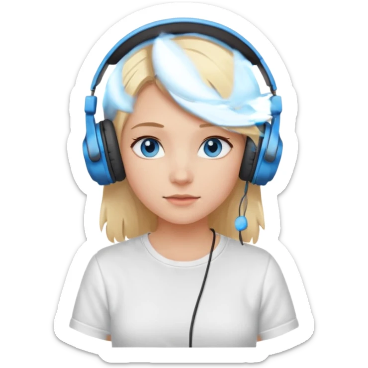 girl with blonde hair and blue eys, having on ears heaphones, with heands telling what, with white shirt sticker