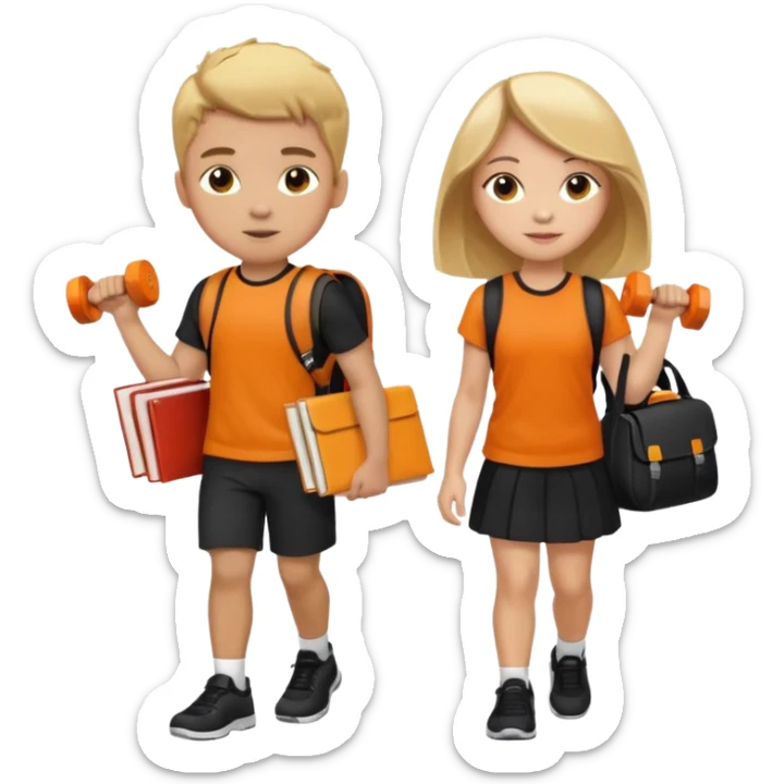 light skin students girl and boy with school bag full of books on hand and dumbell in other hand. Clothes are in black and orange colours. They are going to the gym. They have brown and blonde hair. Dumbell is visible in hand sticker