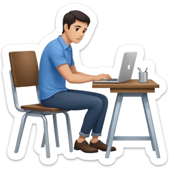 Rich man sitting on a chair, working at desk, looking to laptop in office, in shirt, dark hair, he is german very beautiful looks like, full body view sticker
