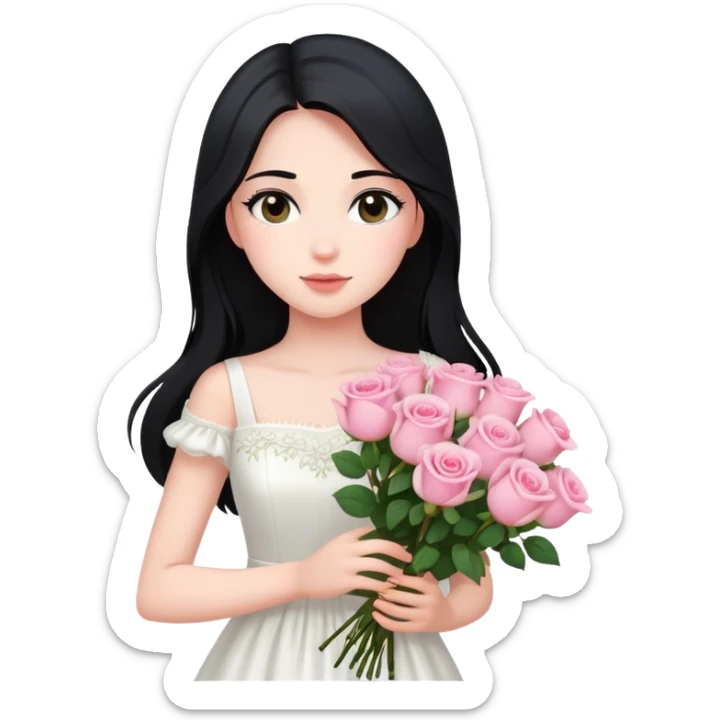 A beautiful girl with long black hair and a white dress is holding a bouquet of pink roses sticker
