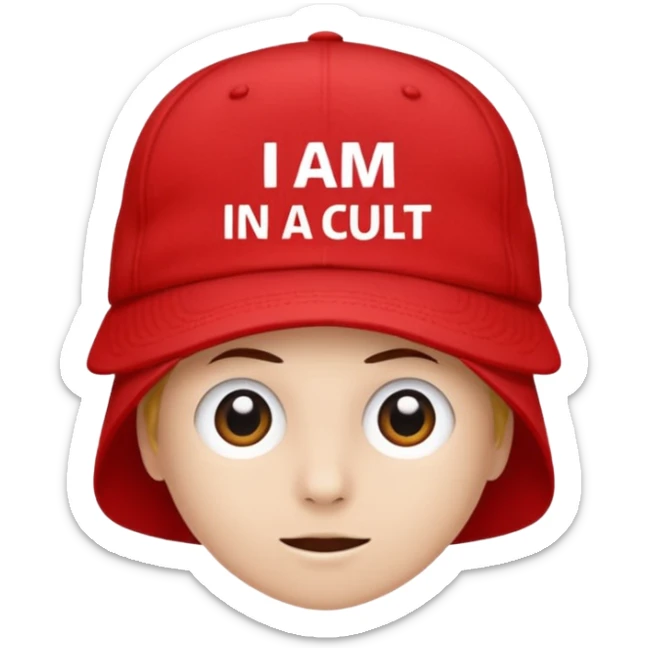 Red cap with no person wearing it that says "I AM IN A CULT" in white text sticker