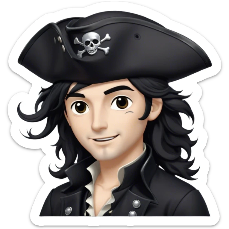 A charismatic pirate with wavy black hair tousled by the breeze. His silver-embroidered tricorn hat casts a shadow. Dark eyes glint with mischief as he looks to the side, a knowing smile on his lips. His black coat, adorned with silver buttons, shifts with the wind sticker