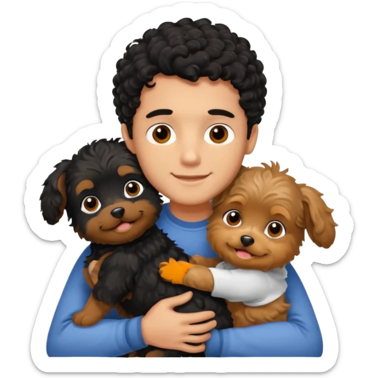 Young man with little brown skin, black curly hair, cheerful dark brown eyes, hugging two yorkie of long hair  sticker