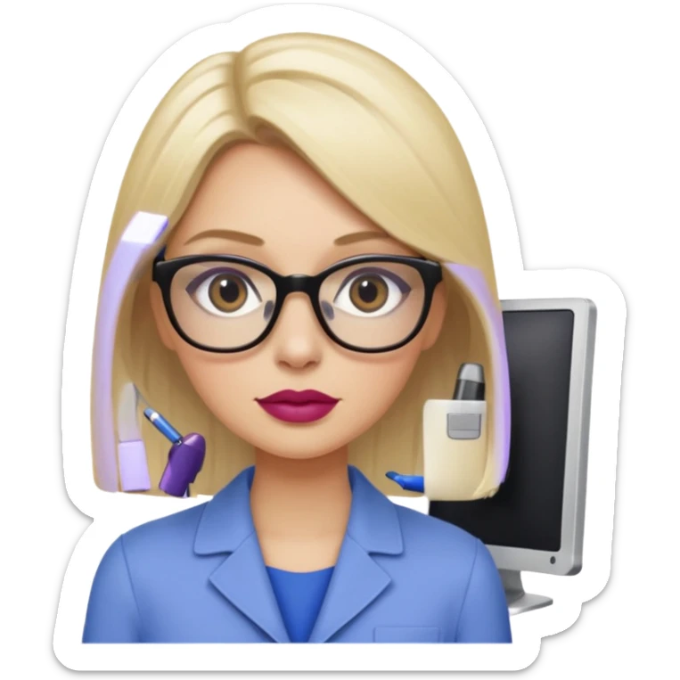 donna bella, occhi azzurri con occhiali, capelli medi, lisci e biondi, lavora al pc. Labbra color malva chiaro sticker