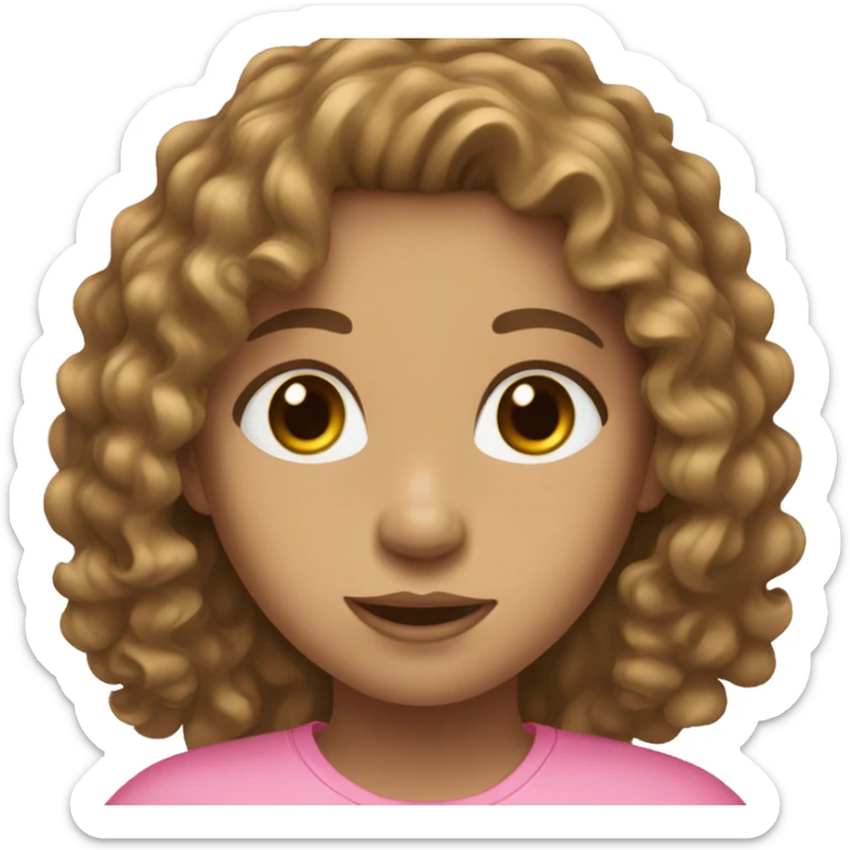 girl with long curly brown hair, blue eyes, light skin, pink shirt sticker
