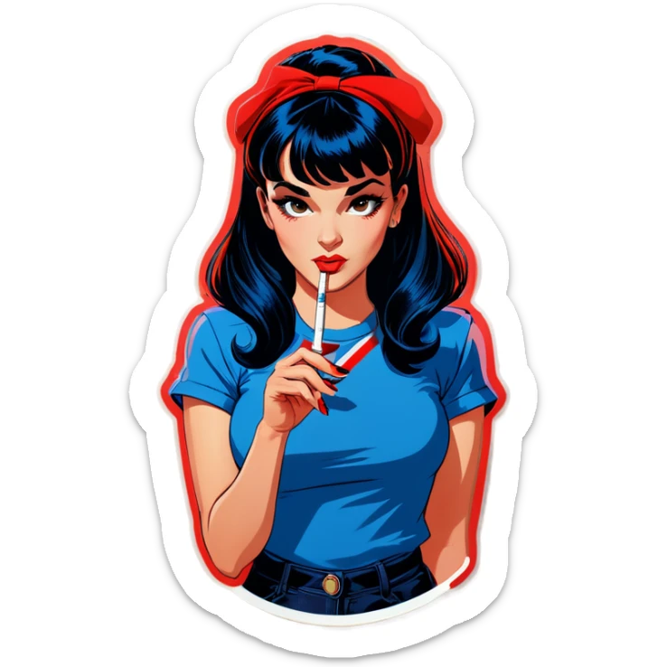 Sexy young pinup woman lighting up a cigarette she has long dark blue black hair with front bangs and she’s wearing a red t shirt  sticker