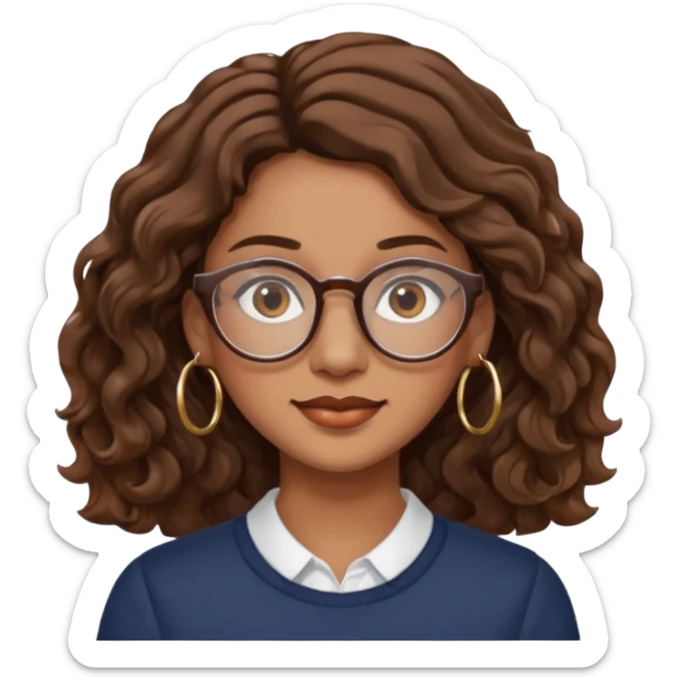 Women brown eye and brown mi-long wave hair with glasses and circle earing sticker