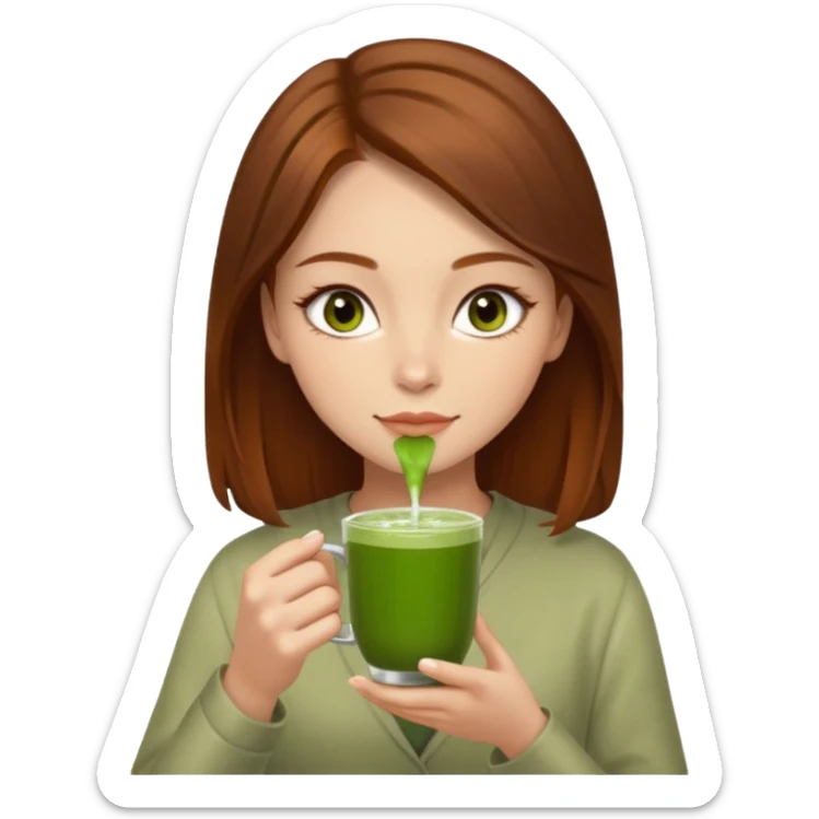 beautiful brunette with a slightly auburn hair color, with dark hazel eyes (let's call her kami), sipping matcha sticker