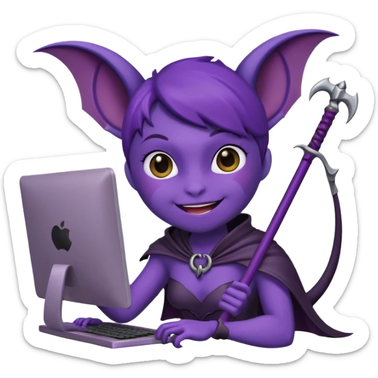 a happy purple girlie bat holding a scythe while sitting in front of her computer sticker