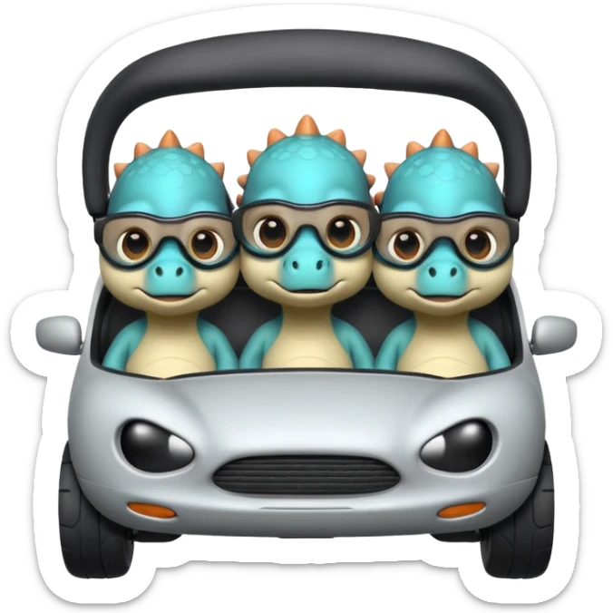 Tres dinosaurios bebés grises subidos en un carro tecnológico blanco con lentes de realidad virtual sticker