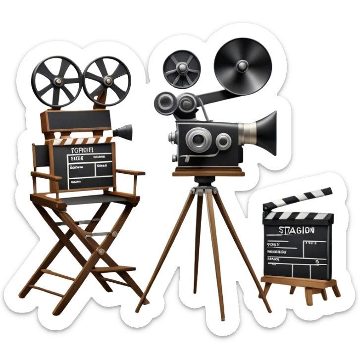 Icon for Directing: a director's chair, a film clapperboard, large movie camera, vintage megaphone and a stage with a spotlight. The icon should represent the creative and organizational aspects of directing, with focus on storytelling, staging, and performance. Transparent background. sticker