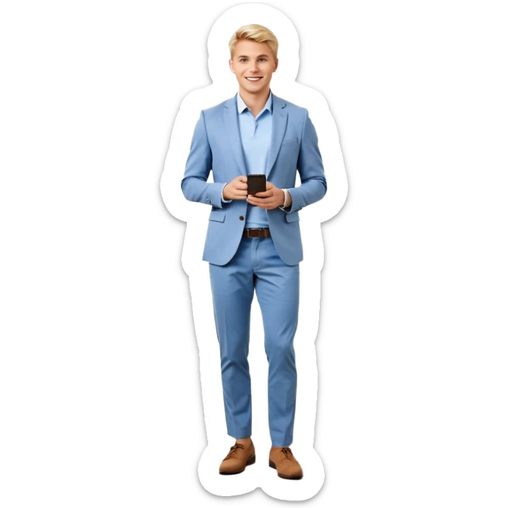 Confident and outgoing male entrepreneur, Caucasian features, short blonde hair, big friendly smile, expressive eyes, wearing a blue blazer over a light blue shirt, dark trousers and brown shoes, holding a smartphone in one hand and a coffee cup in the other, standing pose, full-body, front-facing sticker