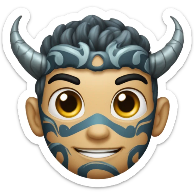 Crie um emoji de um cara de 31 anos, com uma tatuagem de dragão no peito e outra tribal no braço, vista dele de terno sticker