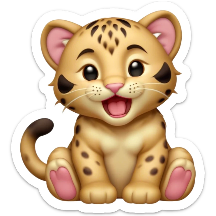 Cinematic Cute Yawning Baby Panther Portrait Emoji, Head tilted slightly with a dramatic, wide-open yawn, showcasing a small, plush body with drowsy, half-closed eyes and an open, relaxed expression, Simplified yet irresistibly adorable features, highly detailed, glowing with a soft, cozy glow, high shine, relaxed yet expressive, stylized with a dash of whimsical charm, soft glowing outline, capturing the essence of a drowsy yet affectionate baby panther that appears ready to stretch out for a nap! sticker