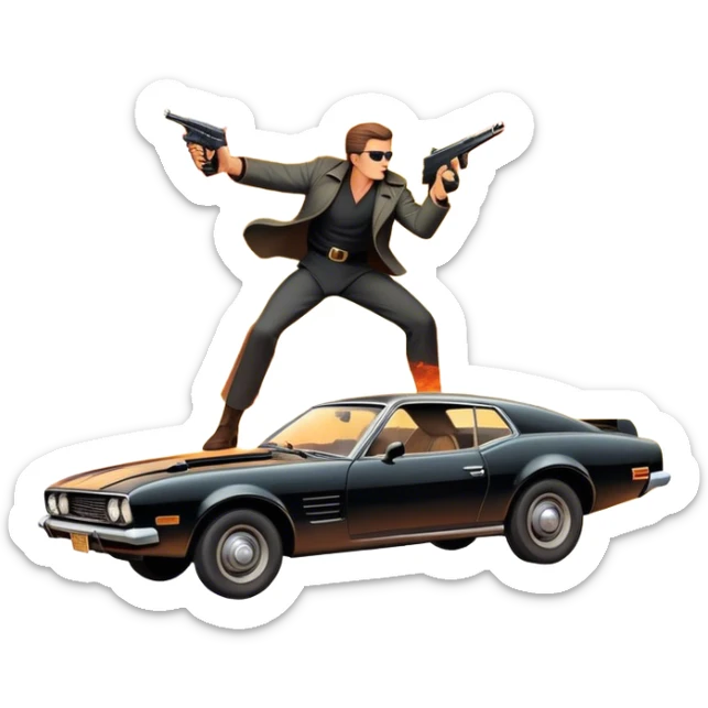 Icon for Action Movie: A vintage movie poster-style design featuring intense action scenes—explosions, gunfire, and dramatic stunts. Include a hero in a dynamic pose with weapons, a car chase, and a fiery background. Retro cinematic feel with bold typography. Transparent background. sticker