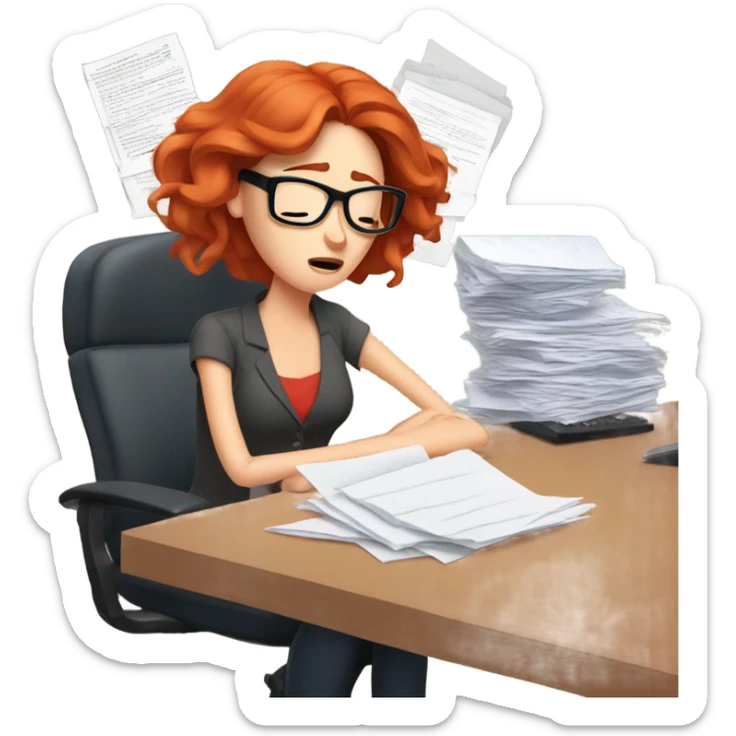 red hair woman wearing glasses sleeping frustrated desk monitor stack paper sticker