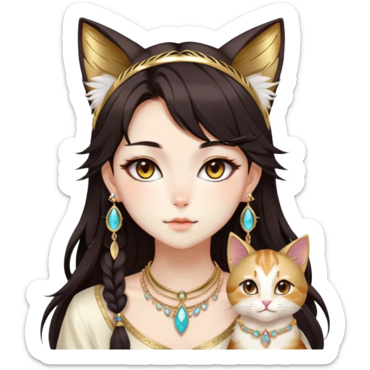 Beautiful gorgeous anime cat-lady with beautiful dark-brown-special-hair, fashion aesthetic, ethereal, feather, accessories, gold jewelries, gold, colorful, feline ears,  sticker