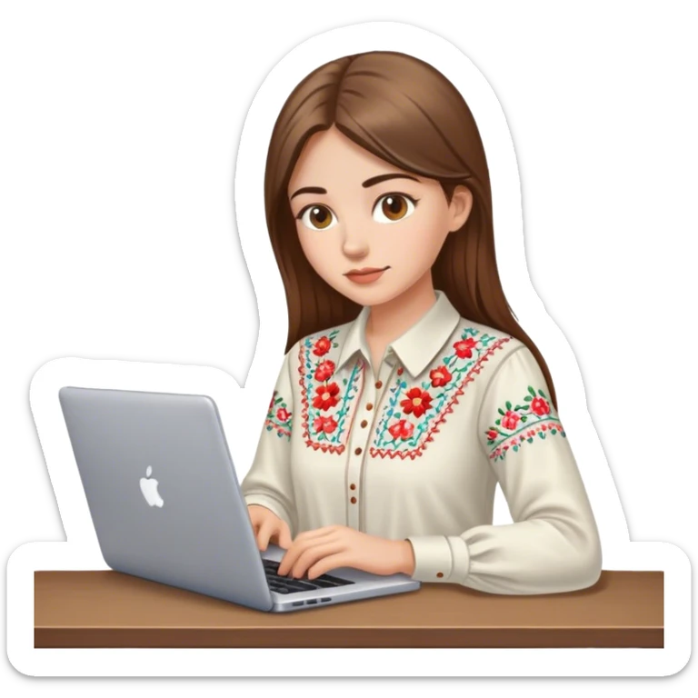 A Ukrainian girl with brown hair in an embroidered shirt works at her laptop sticker