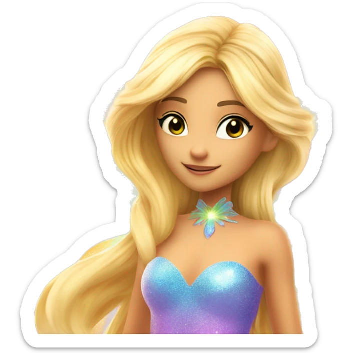 Stella adult latina fairy of nature in her enchantix fairy orange clothing and fairy enchantix wings and long blonde hair from winx club. Small eyes, Lots of sparkles and fairydust. Full body and full fairy bliss sticker