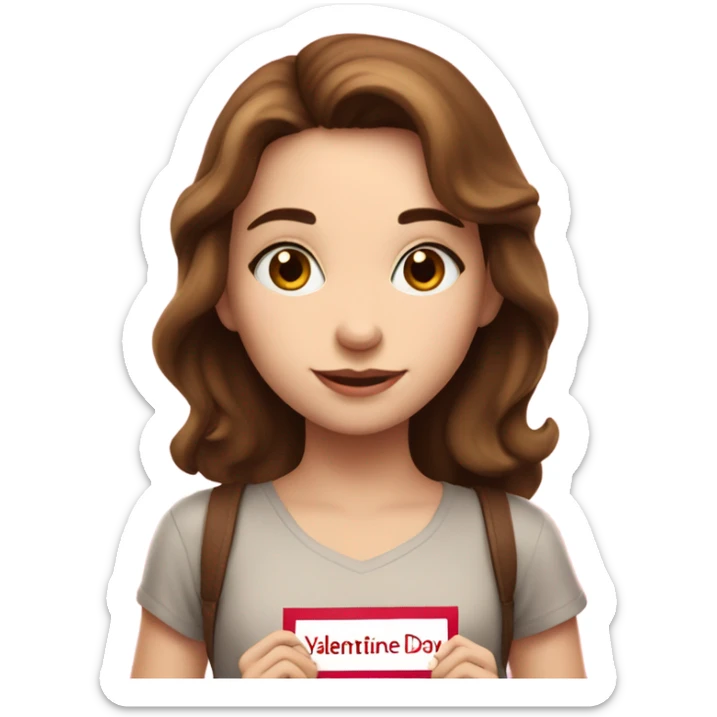 Girl with brown hair and eyes and white skin a sign that says Happy valentine day sign  sticker