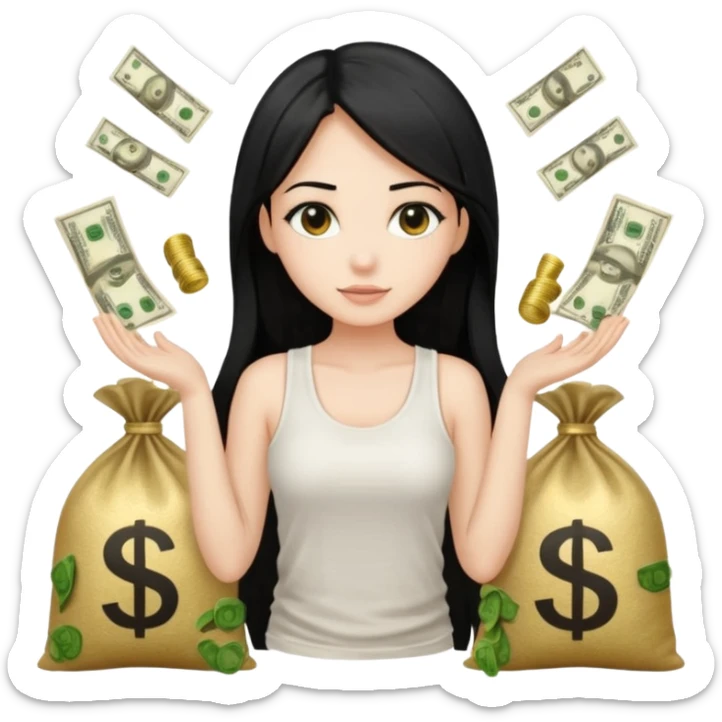 a pretty bratz fair girl with long straight black hair  with a white tank top surrounded by money bags sticker