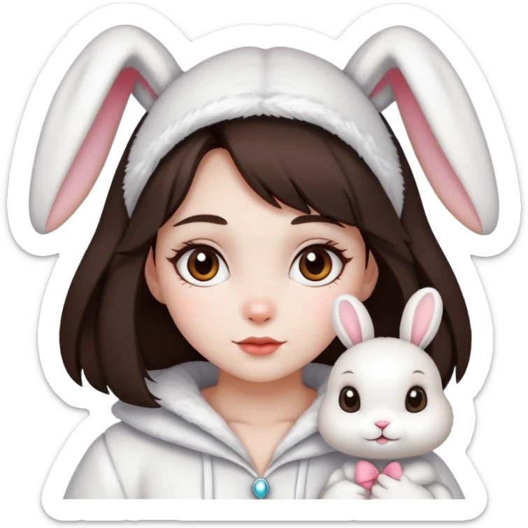 a girl with dark brown hair and white skin, varrying white cute rabbit sticker
