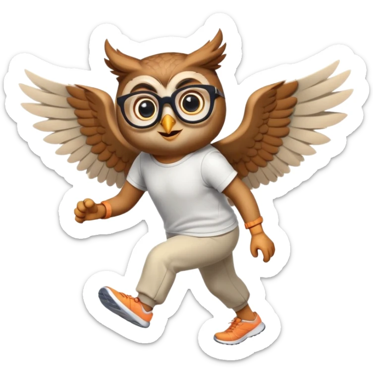 friendly anthropomorphised owl with wings instead of arms, in pants and a shirt, wearing glasses, jogging upright, standard pose sticker