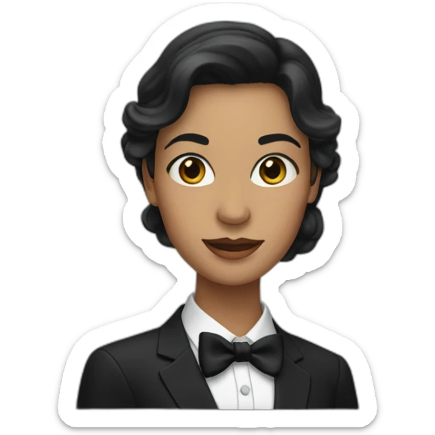 Woman with long dark hair wearing black suit with a black bow tie sticker