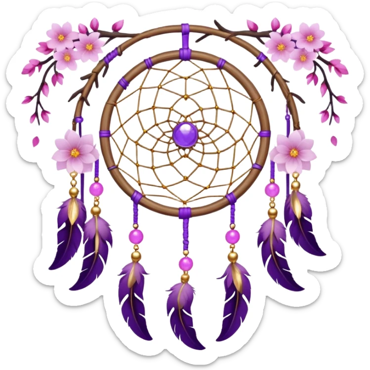 A white-wooden-circle-framed Dreamcatcher. with purple-round-orbs, gold-rings hanging down. purple flowers, pink sakura flowers, sticker