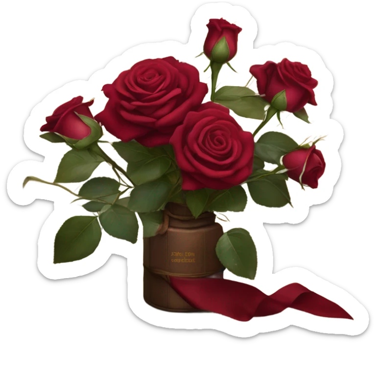 A crimson bouquet of roses with a silk ribbon and an old handwritten diary sticker