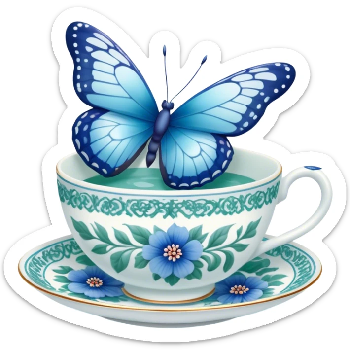 A delicate butterfly with pastel blue wings, resting on the edge of a green  porcelain teacup adorned with intricate blue floral patterns. sticker