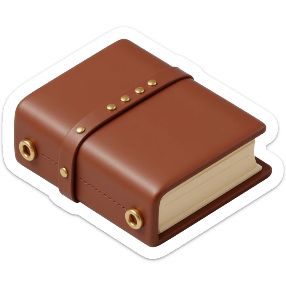 leather-bound notebook icon in skeuomorphism style, visible stitching and embossed texture sticker