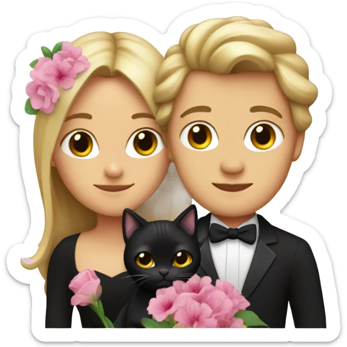 Dark blonde woman with long hair hugging a black tuxedo cat with flowers sticker