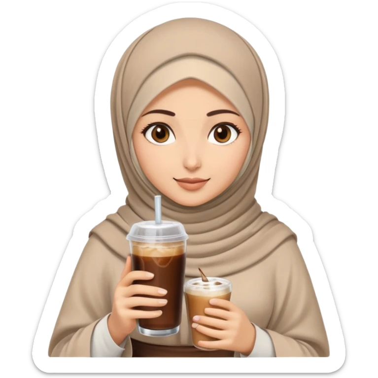 Turkish beautiful finish Konya girl eyes with beige hijab islamic dress and had on her hand Rose Cold brew coffee   sticker