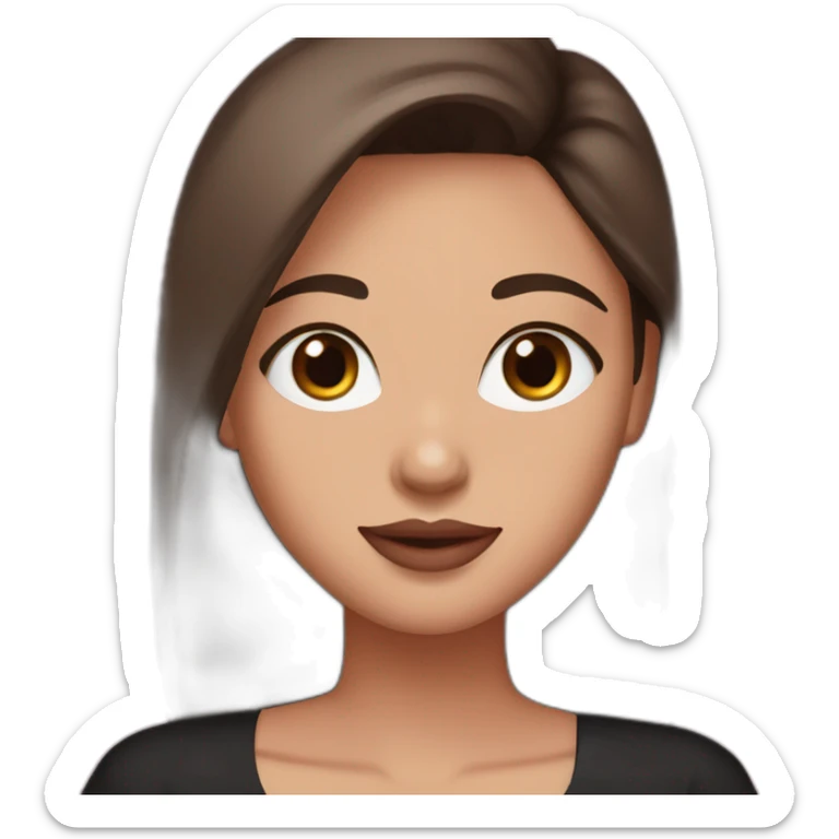 A girl with brown eyes, long straight brown hair, plump pink lips with an oval face in a black dress sticker