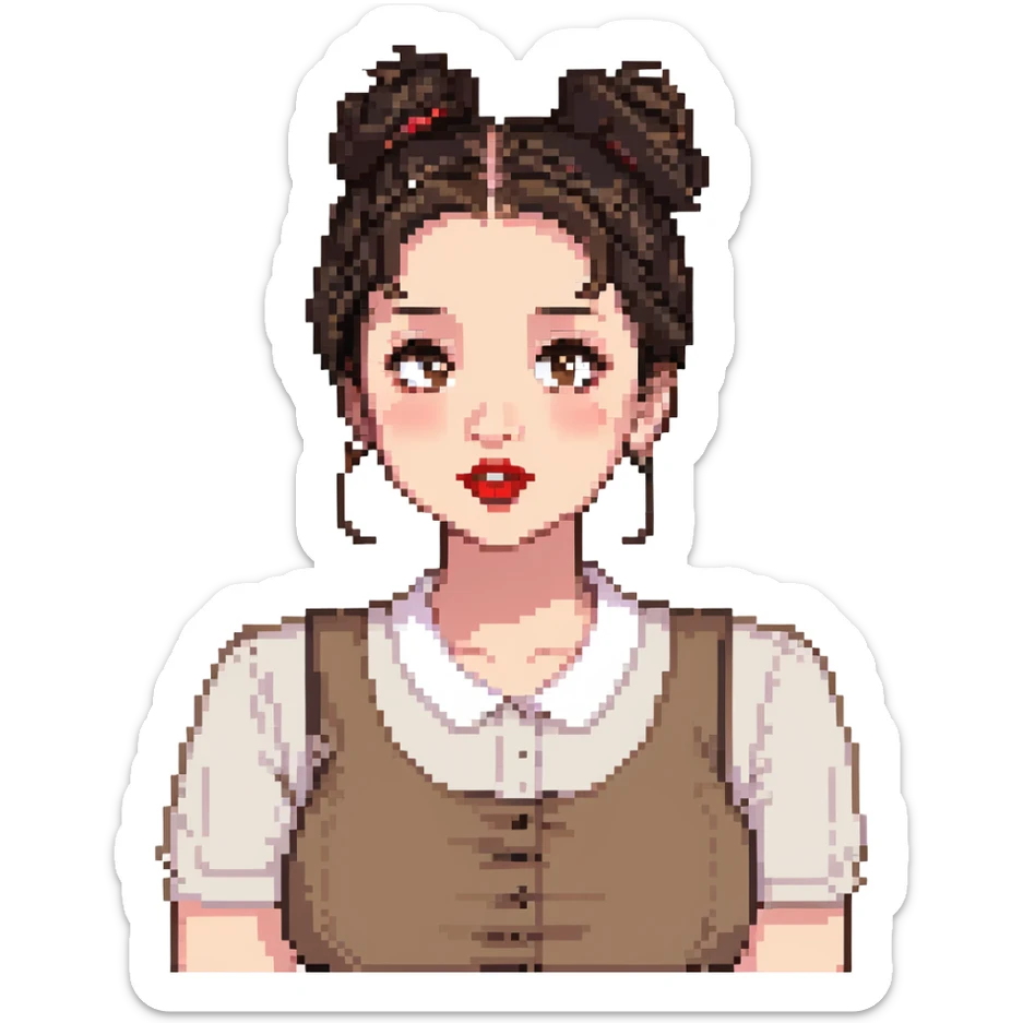 light brown girl, slightly chubby, messy black hair in a bun, red lipstick, light brown eyes, asking a question sticker