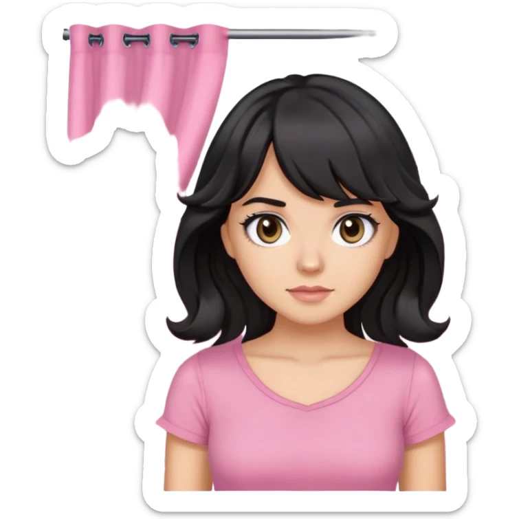 White girl with chest length black wavy hair with curtain bangs, gray eyes, wearing a pink top sticker