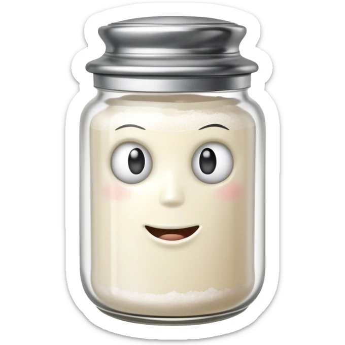 A mischievous anthropomorphic salt jar with transparent glass body and metal lid sticker