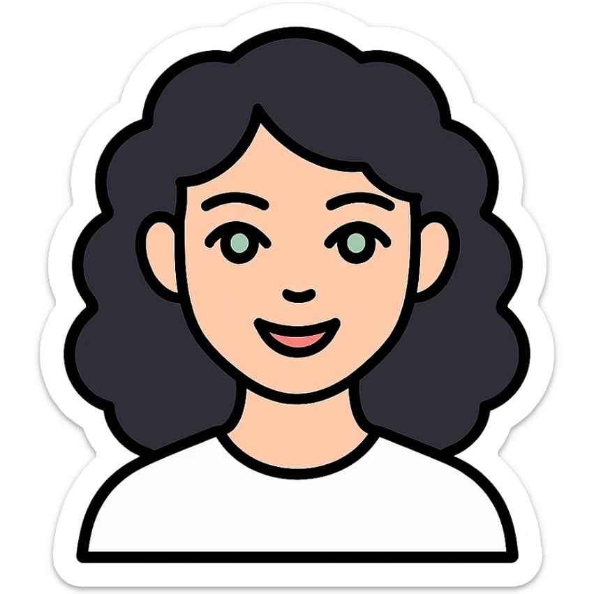 girl with thick dark black wavy curly hair almond green eyes pale skin smiling wearing white shirt sticker