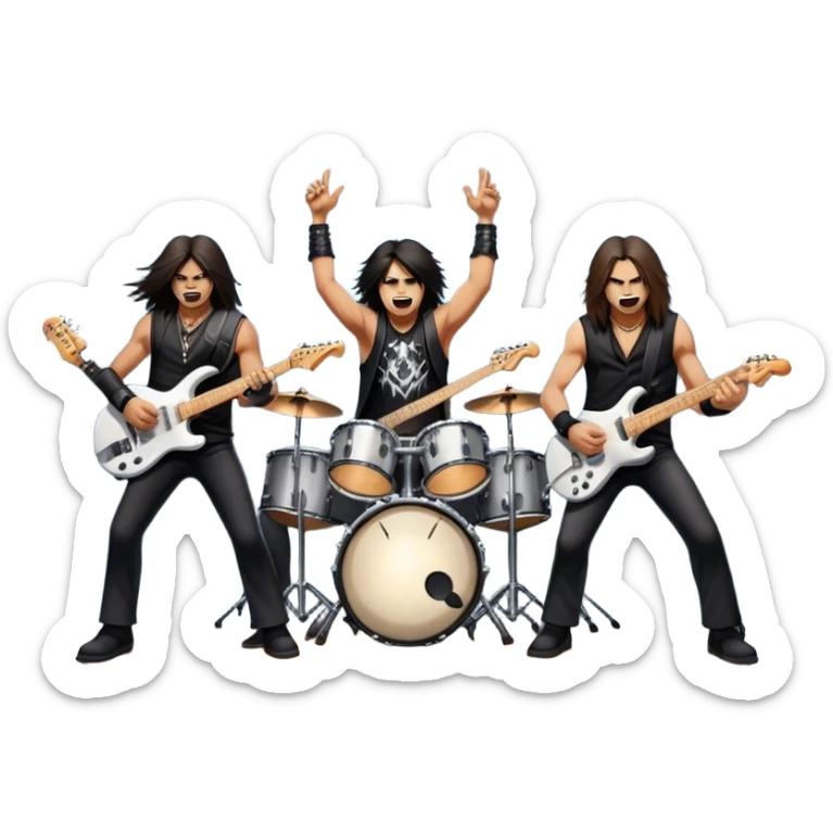 Icon for Heavy Metal Music: 4 men band on stage with electric guitars, drums and intense lighting. 4 Musicians headbanging, surrounded by energy and stage effects, capturing the power and intensity of a metal concert. Transparent background. sticker