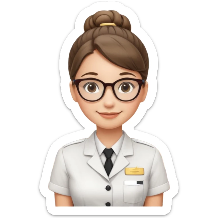Young girl, bun hair, wearing uniform of reception with hotel name badge, glasses, stand behind the desk

 sticker
