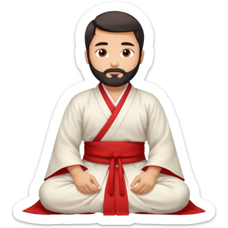 Beautiful man with lightly tan skin and dark beard in white and red Hanfu sitting on the ground sticker