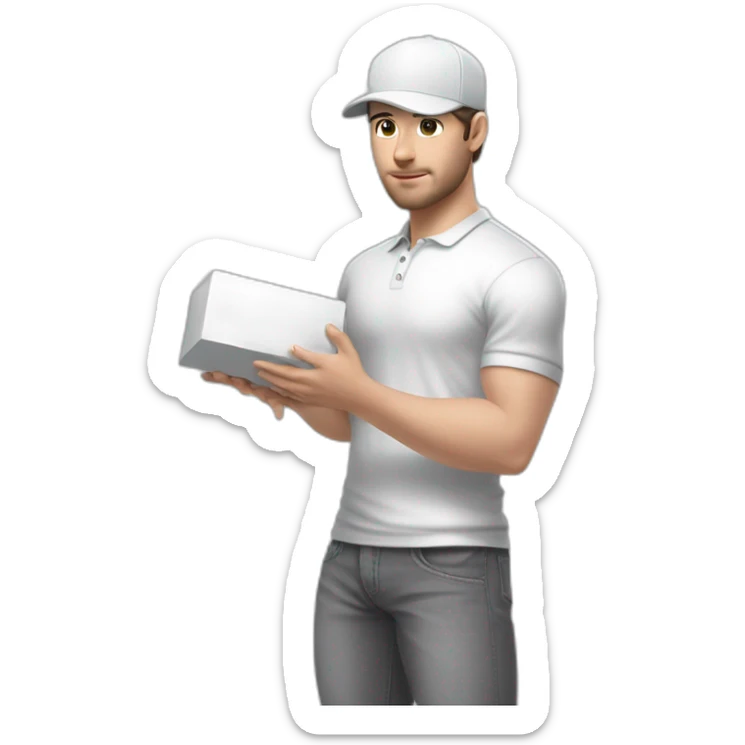 Pale skinned fit Man with dark brown hair in a white cap, gray jeans and gray polo T-shirt keeping a pasted with tape white box into his hands sticker