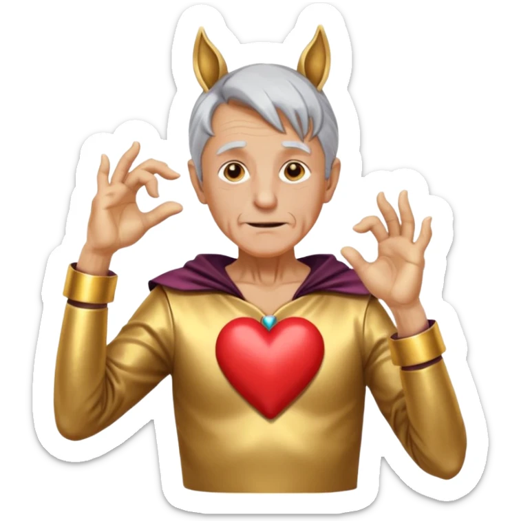 An elderly man with golden skin, his body shining like polished metal, wearing a horse cosplay costume with horse ears and a tail. He is making a heart shape with his hands and blushing slightly, showing a shy and embarrassed expression. sticker