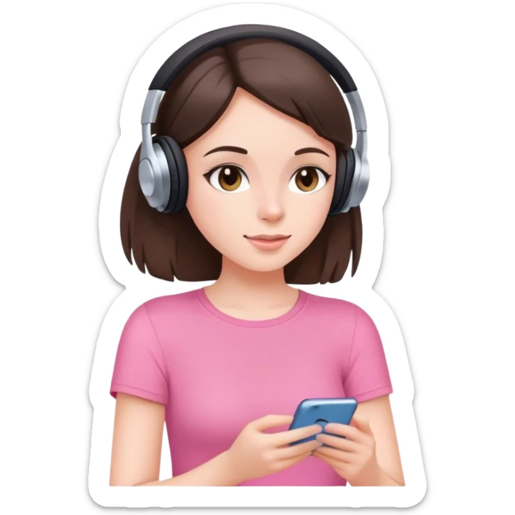 White brunette girl listening to music, with pink top sticker