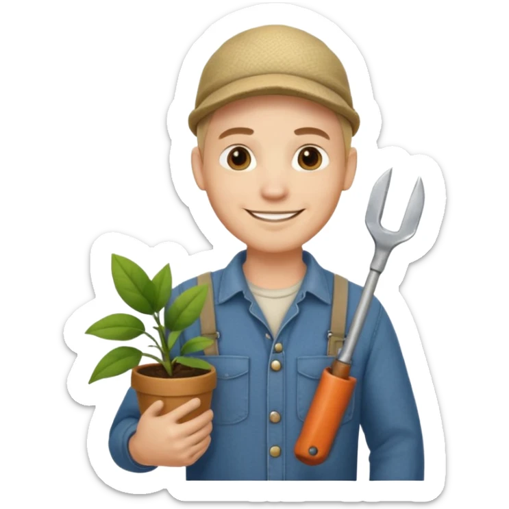 Adult male, light skin, friendly smile, casual farm-style clothes, relaxed posture, holding a plant or small tool, approachable, completely unique from other male roles sticker