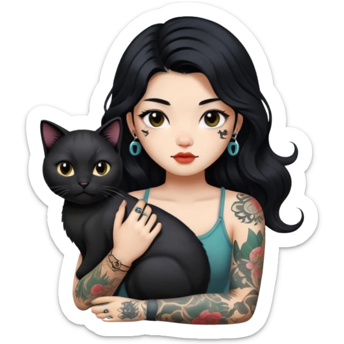 a Chinese girl with long black  Big Wave hair and tattoos and a black round faced cat sticker